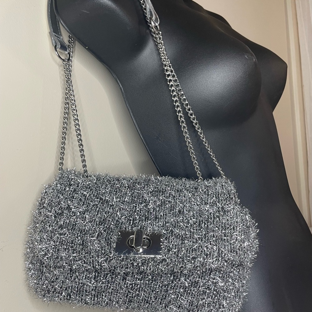 H&M  Silver metallic tinsel shimmery Shoulder Bag chain strap Y2K party purse@